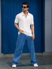 Cubic Knit Cream Half Sleeve Polo T-Shirt