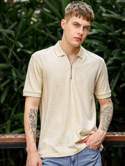 Marble Grid Cream Half Sleeve Polo T-Shirt