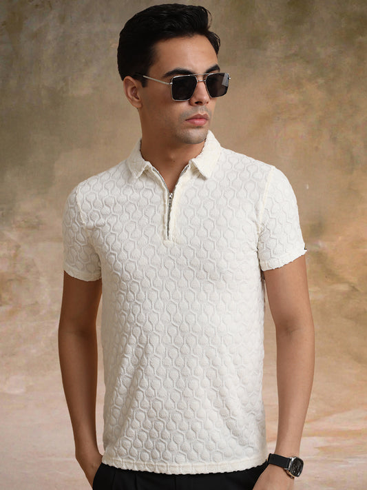 Puff Terry Cream Half Sleeve Polo T-Shirt