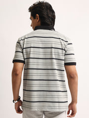 Neutral Stripe Grey, Black Half Sleeve Polo T-Shirt