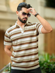 Parallel Flatknit White Brown Half Sleeve Polo T-Shirt