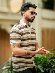 Parallel Flatknit White Brown Half Sleeve Polo T-Shirt