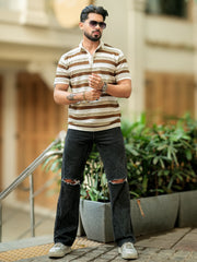 Parallel Flatknit White Brown Half Sleeve Polo T-Shirt