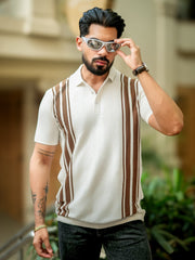 Vertical Stripe White Flatknit Half Sleeve Polo T-Shirt