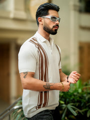 Vertical Stripe White Flatknit Half Sleeve Polo T-Shirt