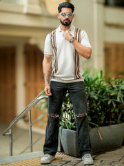 Vertical Stripe White Flatknit Half Sleeve Polo T-Shirt