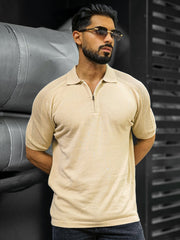 Luxe Knit Beige Half Sleeve Polo Tshirt