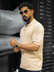 Luxe Knit Beige Half Sleeve Polo Tshirt