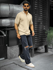 Luxe Knit Beige Half Sleeve Polo Tshirt