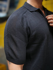 Luxe Knit Black Half Sleeve Polo Tshirt