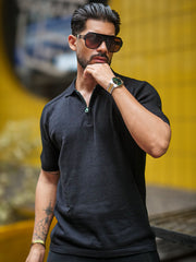 Luxe Knit Black Half Sleeve Polo Tshirt