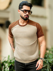 Flat Knit Raglan Beige Brown Half Sleeve T-Shirt