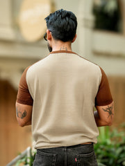 Flat Knit Raglan Beige Brown Half Sleeve T-Shirt