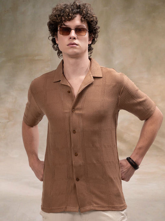 Rustic Knit Light Brown Half Sleeve Shirt