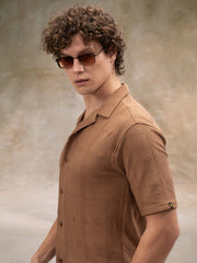 Rustic Knit Light Brown Half Sleeve Shirt