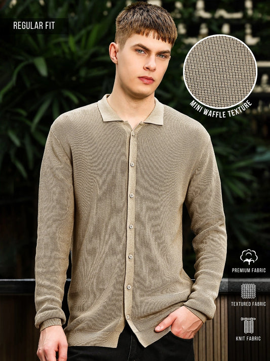 InterLoop Beige Full Sleeve Polo Sweater