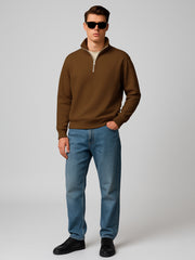 Cozy Cut Zipper Full Sleeve Brown Sweatshirt