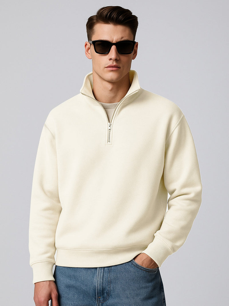 Cream full sleeve cozy cut zipper sweatshirt for men
