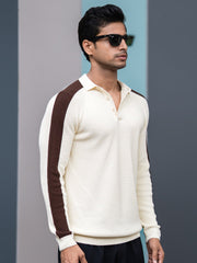 Power Play Cream Full Sleeve Polo Sweater