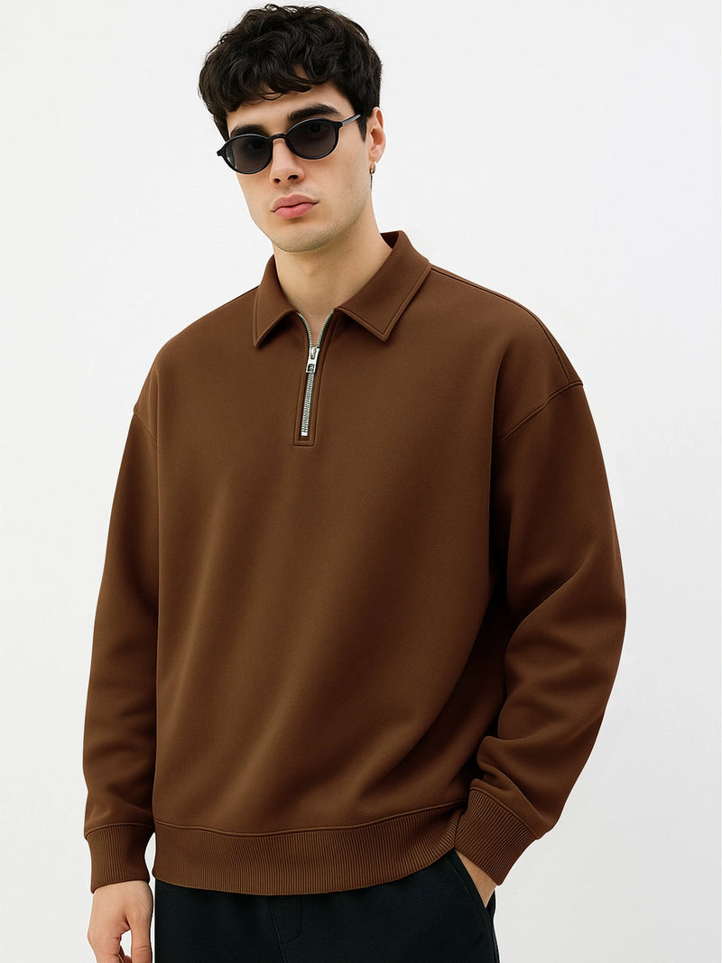 Brown full sleeve cozy cut zipper sweatshirt for men
