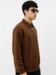 Cozy Cut Polo Zipper Full Sleeve Brown Sweatshirt