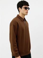 Cozy Cut Polo Zipper Full Sleeve Brown Sweatshirt