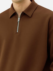 Cozy Cut Polo Zipper Full Sleeve Brown Sweatshirt