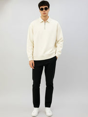 Cozy Cut Polo Zipper Full Sleeve Cream Sweatshirt