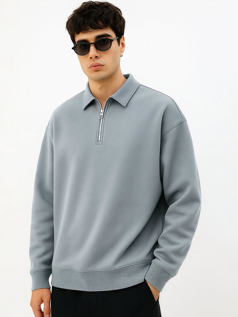 Cozy Cut Polo Zipper Full Sleeve Light Grey Sweatshirt