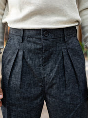 Double Pleat Black Linen Trouser