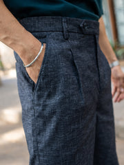Single Pleat Navy Linen Trouser