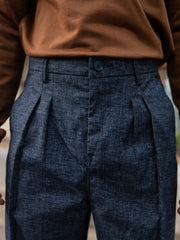 Double Pleat Navy Linen Trouser