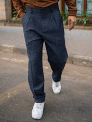 Double Pleat Navy Linen Trouser