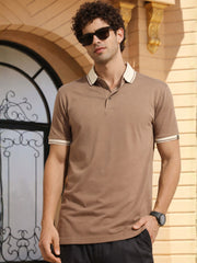 Contrast Collar Brown Half Sleeve Polo T-Shirt