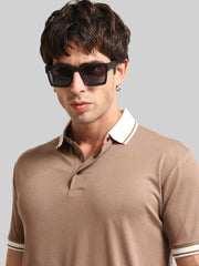 Contrast Collar Brown Half Sleeve Polo T-Shirt