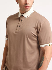 Contrast Collar Brown Half Sleeve Polo T-Shirt