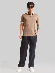 Contrast Collar Brown Half Sleeve Polo T-Shirt