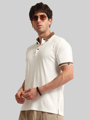 Contrast Collar Cream Half Sleeve Polo T-Shirt