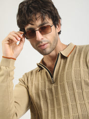 Vintage Vent Beige Flatknit Cotton Full Sleeve Polo T-Shirt