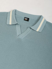 Aqua Blue Mistline Flat-Knit Half-Sleeve Polo T-Shirt