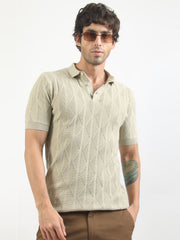 Geo Weave Flatknit Cotton Biscuit Half Sleeve Polo T-Shirt
