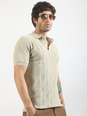 Geo Weave Flatknit Cotton Biscuit Half Sleeve Polo T-Shirt