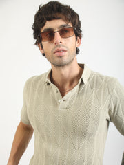 Geo Weave Flatknit Cotton Biscuit Half Sleeve Polo T-Shirt