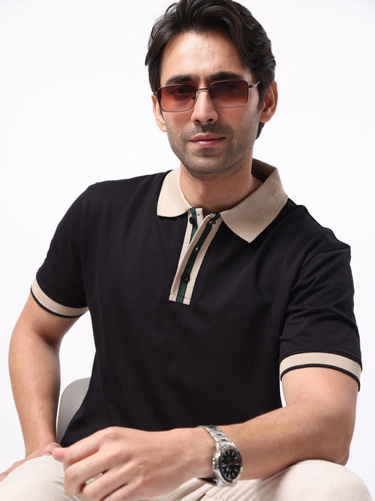 Collar Contrast Black Half Sleeve Polo T-Shirt