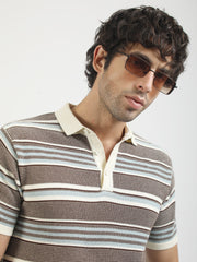 Brown Flat-Knit Half-Sleeve Polo T-Shirt with Signal Stripe