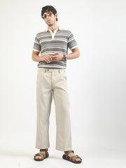Brown Flat-Knit Half-Sleeve Polo T-Shirt with Signal Stripe