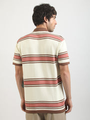Cream Madrid Stripe Flat-Knit Half Sleeve Polo T-Shirt