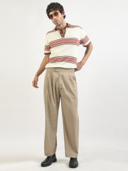 Cream Madrid Stripe Flat-Knit Half Sleeve Polo T-Shirt