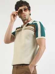 Cream Espresso Panel Flat-Knit Half Sleeve Polo T-Shirt
