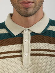 Cream Espresso Panel Flat-Knit Half Sleeve Polo T-Shirt